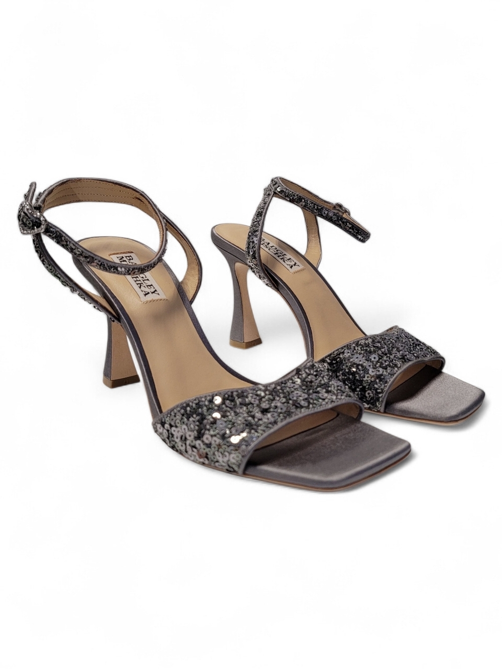 Badgley Mischka Silver Sequin Cady Ankle-Strap Sandals With Heart Buckle Size 6